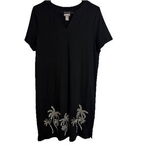 Chico’s Black V Neck T Shirt Dress Beaded Palm Trees Resort Womens Sz 1 / Medium